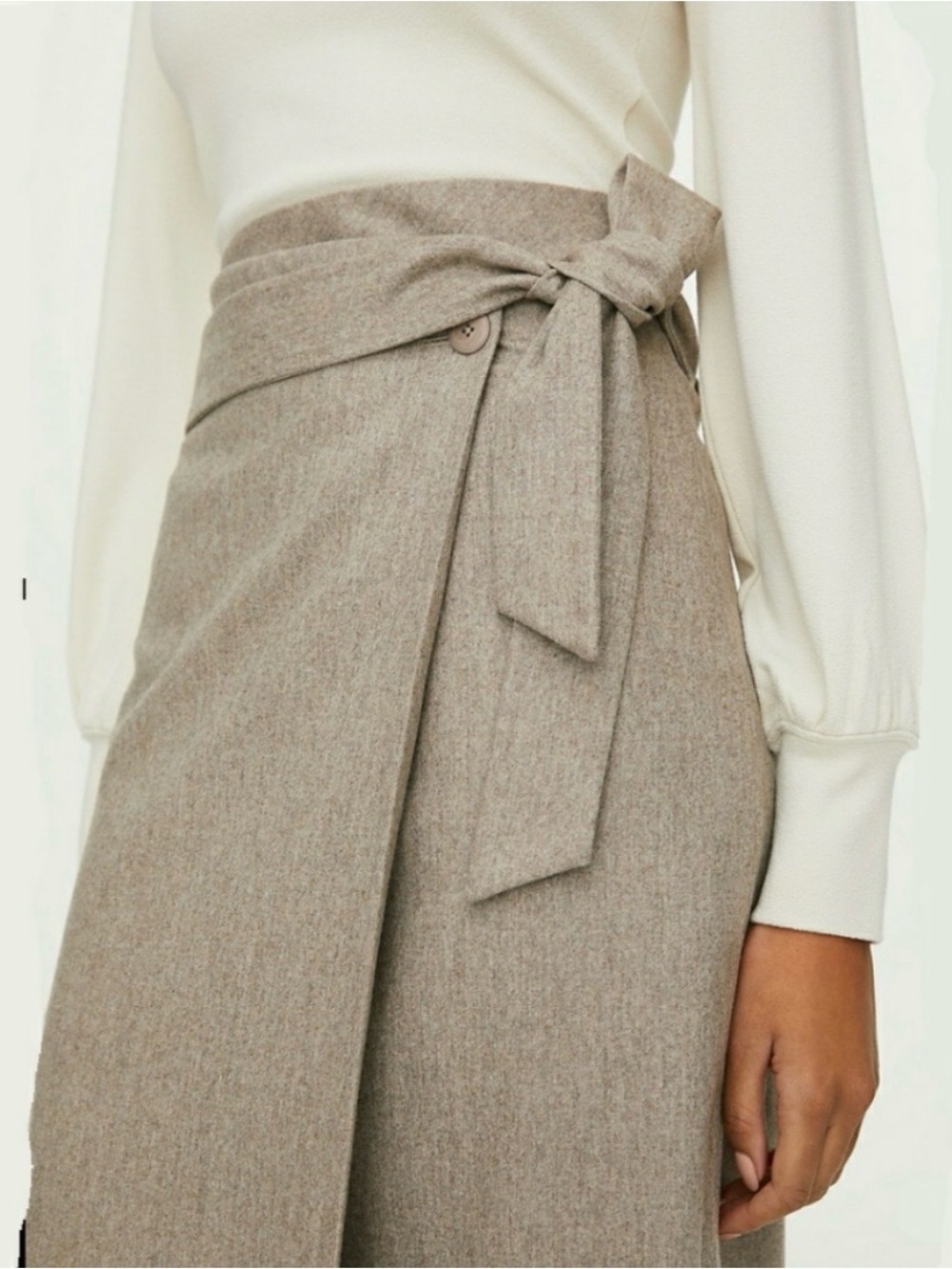 Babaton Neutral Taupe Wrap Wool Midi Skirt with Side Tie
